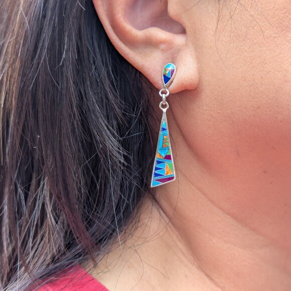 Handmade Native American Multi-Stones Dangle Earrings Sterling Silver Jewelry ** - Picture 3 of 11